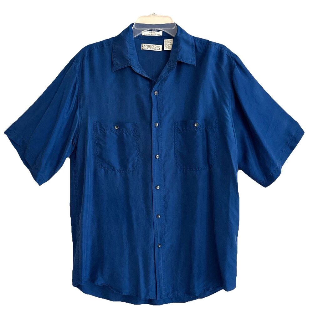 90s Silk Button Up Shirt Mens Sz M Royal Blue Satiny Short Sleeve Quiet Luxury